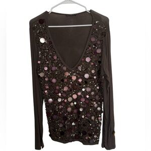 Vintage Y2K Sonia Fortuna European Brown Sequin Detail Long Sleeve Blouse XL